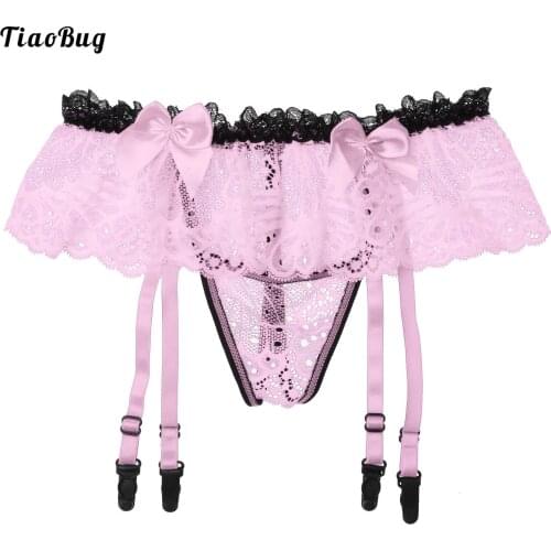 TiaoBug Men Hollow Out Lace Skirted Thongs Bowknot Elastic Crotchless T-Back Adjustable Garter Belt G-String Sissy Underwear