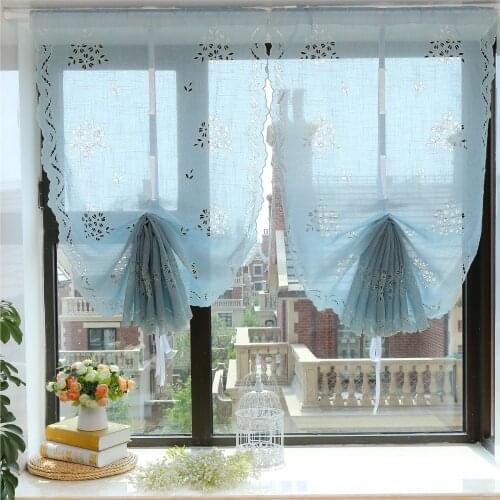 Light Blue /Beige White Handmade Cherry Blossoms Bouquet Pattern Hollow Embroidered Tulle Sector Lacing Roman Curtain