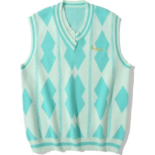 LACIBLE Mint Color Sleeveless Sweaters Pullover Vest Geometric Square Pattern V Neck Vest Waistcoat Tops Harajuku Streetwear