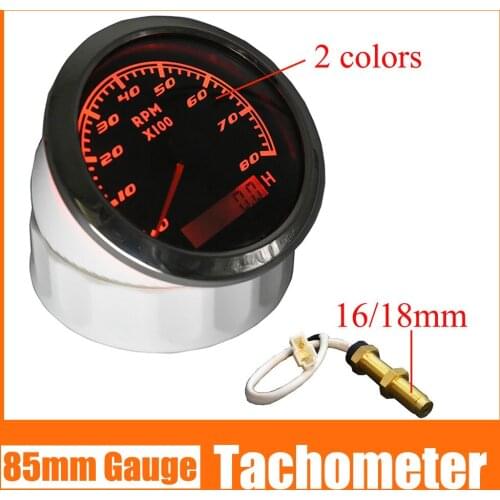 85mm Tachometer 8000RPM For Car Boat Yacht With LCD Hourmeter Red Backlight Marine Tacho Meter Sensor 18/16mm 12V/24V