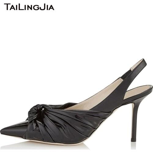Black Patent Leather High Heel Closed Toe Pumps Women Knotted White Wedding Shoes Ladies Silver Heels Caramel Slingbacks 2020