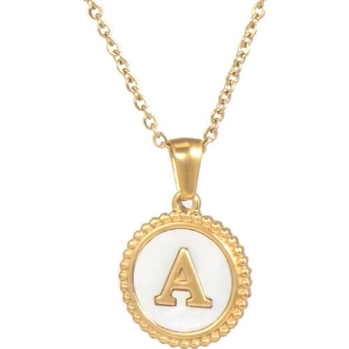 High Quality Initial Letter Necklace For Women Girls White Round Shell Pendant 26 Letters Charm Necklace Stainless Steel Jewelry