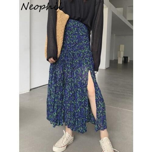 Neophil Floral Printed Front Split Long Skirts For Women 2021 Autumn Faldas A-Line Swing Drape Female Skirt Jupe Longue S21740