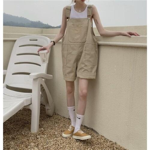 Summer Korean style Women Loose Suspender Shorts Khaki Overalls 2021 New Harajuku Kawaii Wide-Leg Strap Pants Women Shorts