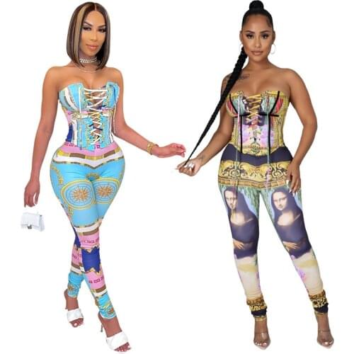 Zoctuo Print Strapless Lace Up Top With Pencil Pants Set 2 Piece Outfit Summer Pants Set For Women Fashion Tight Trousers Sets