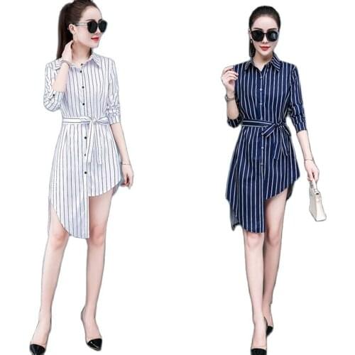 Elegant Stripe Plaid Splicing Irregular Women Shirt Dress Autumn Plus Size Long Sleeves Office Mini Dresses Vestidos Belt Button