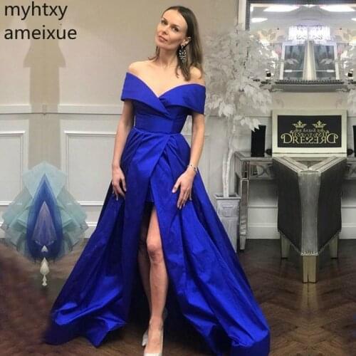 Simple Royal Blue Sexy Cheap Evening Dresses 2020 V-neck High Long Women Gowns Plus Size Sweep Train Robe De Soiree Hi Low Dress