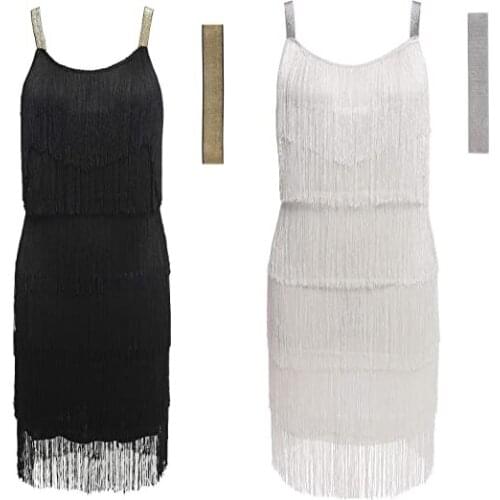 2021 Womens Sexy Party Ball Fringe Flapper Dress Tassels Hem Gatsby Dress With Headband Black White Gray