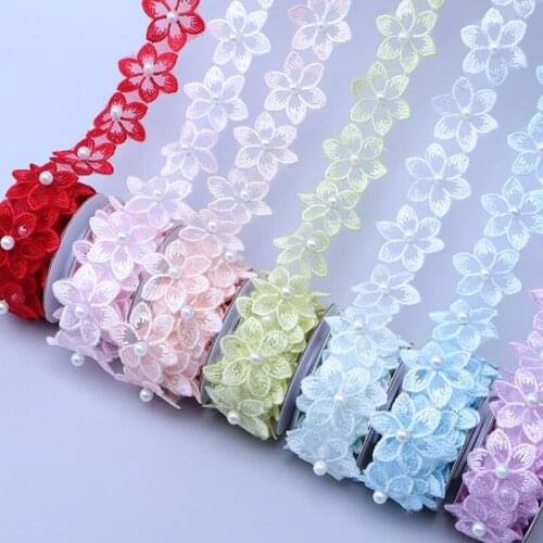 20y 3.3cm 3D Floral Pearl Embroidery Mesh Lace Trimming for Baby Girls Clothes Dress Decorations DIY Hair Accessories