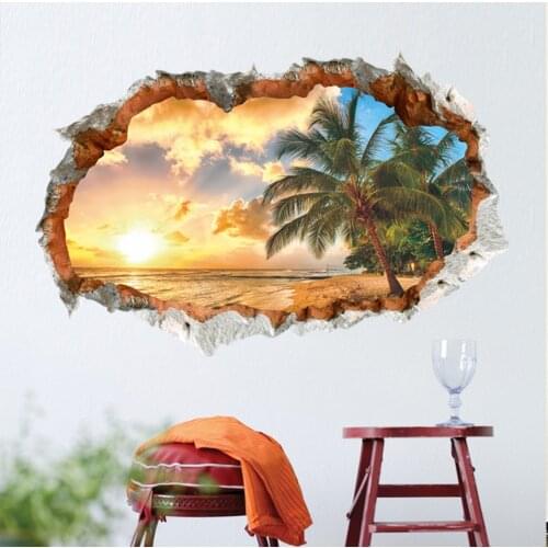 3D Broken Wall Stickers Beach Coconut tree The Wall Sticker Poster Decal Bedroom Mural Decor