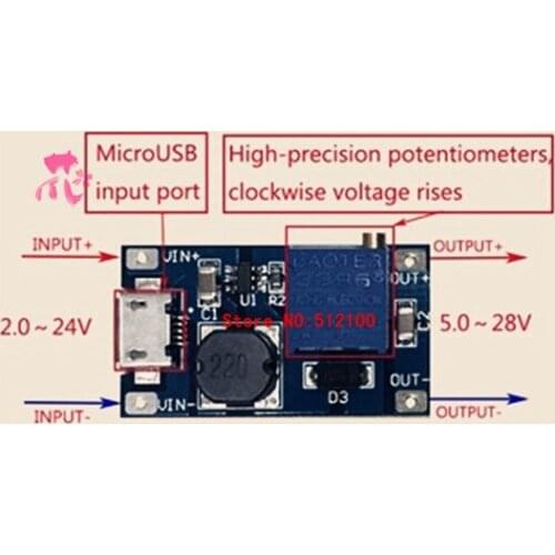 Free shipping 10pcs 2A booster board, DC-DC step-up module, wide input voltage, 2/24V boost to 5/9/12 / 28V, adjustable 2577