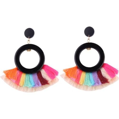 Bohemia Dignified Elegant Statement Jewelry Acrylic Circle Stud Earrings Multicolor Tassel Rhinestone Earring Ethnic Jewelry