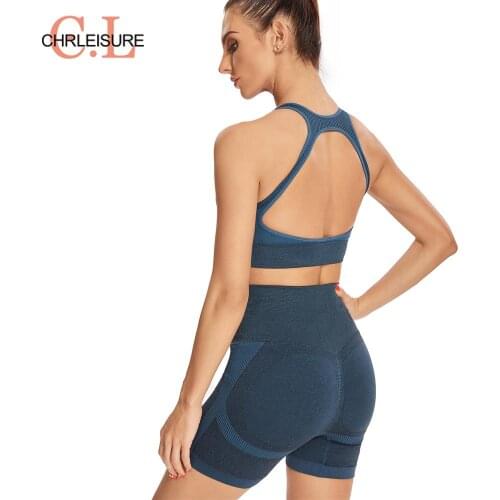 CHRLEISURE Seamles Sport Set Women Short Set 2 Pieces Tracksuit Woman Fitness High Waist Shorts And Push Up Bra 2021 Summer