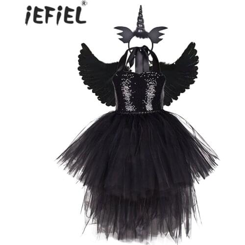 Kid Girls Black Vampire Witch Costume Sequins Halter Mesh Tutu Dress Angel Wing Horns Halloween Devil Carnival Cosplay Dress Up