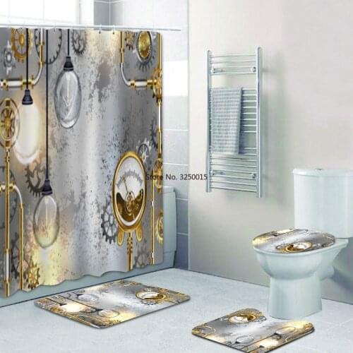 Home Decor Antique Industrial Shower Curtains Bathroom Curtain Set Light Bulb Steampunk Composition Brass Bath Curtains Mats Rug