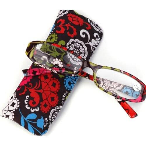 Elbru 1PC Fashion Portable Women Reading Glasses Matching Pouch Ultra Light Resin Print Flower Presbyopic Glasses +1.0 to +4.0