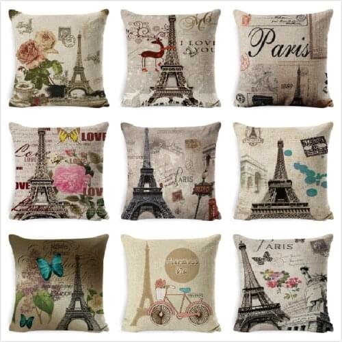 Cotton Linen Cushion Cover Retro Vintage Franch Paris Tower Pillow Cover Car Sofa 45x45cm Throw Pillowcase Home Decor