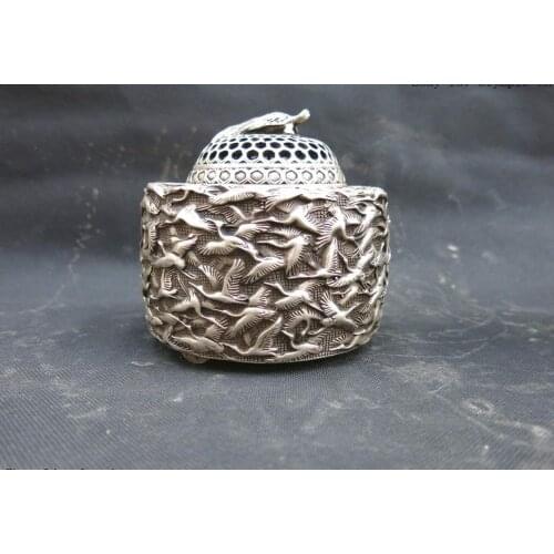 China silver carved finely tortoise many crane Incense Burner Sculpture
