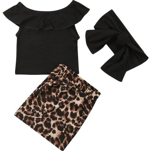 2pcs Summer Kid Baby Girls Clothing Set Black T shirts Top + Leopard Skirts +Headband Outfits Children Clothes