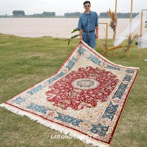 6'x9' Red Silk Rugs Flooring Hand Knotted Vintage Villa Hand Woven Carpet (ZQG439A)