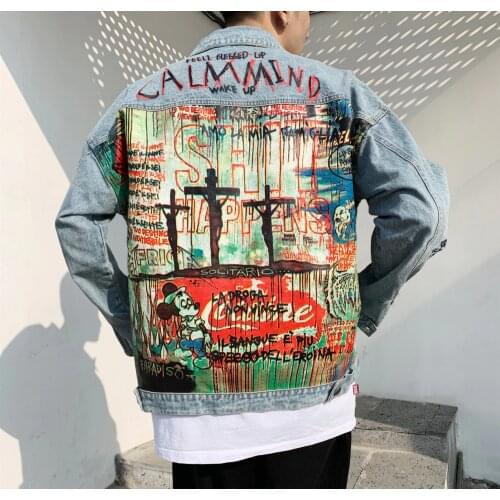Devil Hand painted printing Men Denim Jacket Cartoon Graffiti Print Loose Coats Vintage Hip Hop Leisure Outerwear