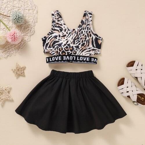 Summer Toddler New Kids Baby Girl Dress Sleeveless Round Collar Top Leopard Print Pleated Skirt 2Pcs Casual Suit Outfit