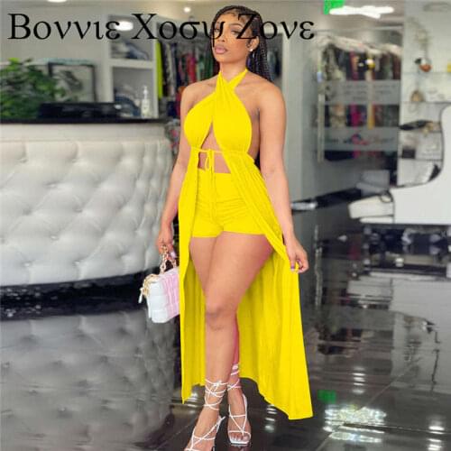 Summer Women Plain Halter Cutout Lace Up Sleeveless Top & Shorts Sets