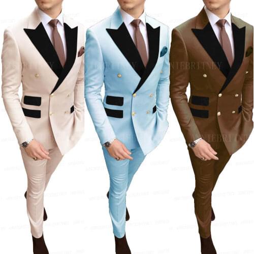 Slim Fit Double Breasted Beige Suit Men Set Custom Made Groom Wedding Suit Tuxedo Male Formal Blazer Business Jacket with Pants