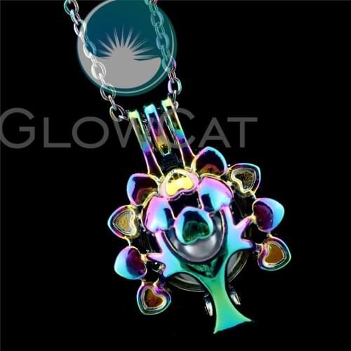 R-C691 Rainbow Colors Heart Life Tree Beads Cage Pendant Perfume Diffuser Aromatherapy Pearl Cage Locket Necklace