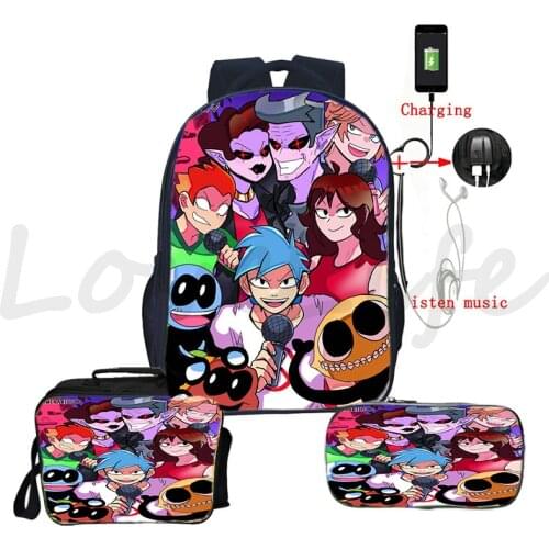 Friday Night Funkin Backpack Beautiful 3D Print BookBag Boys Girl School Backpacks 3PCs/Set USB Charge Knapsack Lunch Box