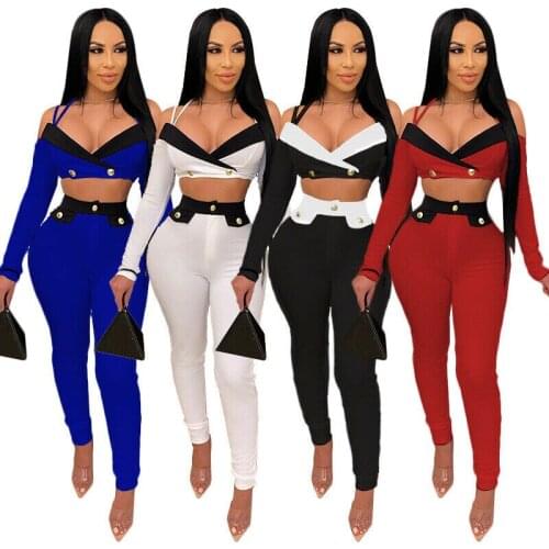 S-4XL Women Spaghetti Strap Long Sleeve Crop Top Patchwork Buttons Outfits 2pcs