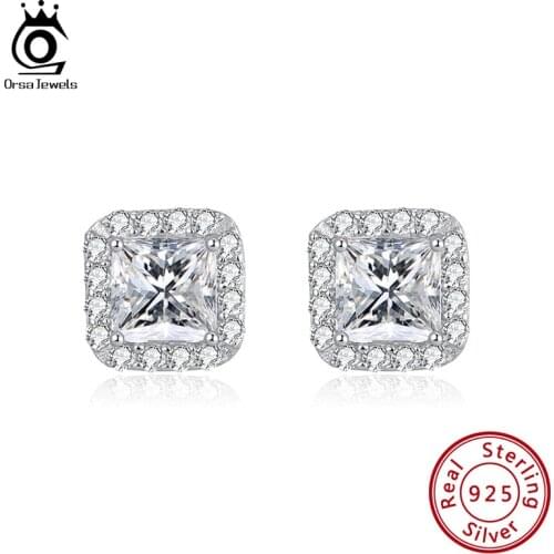 Stud Earrings ORSA JEWELS Real 925 Sterling Silver Square Cut AAAA Cubic Zircon Women Stud Earrings Newest Cute Jewelry SE247