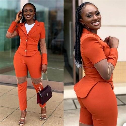 2 Pieces Orange Women Suits Summer Breathable Tulle Cotton Coat+Pant Modern Fashion Formal Two Buttons Party Suits Customize