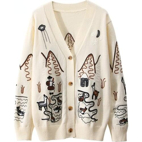 2021 New Hot Spring High Quality Fashion Embroidery V-Neck Oversized Cardigan Long Sleeve Single Breasted Button Knitted Sweater