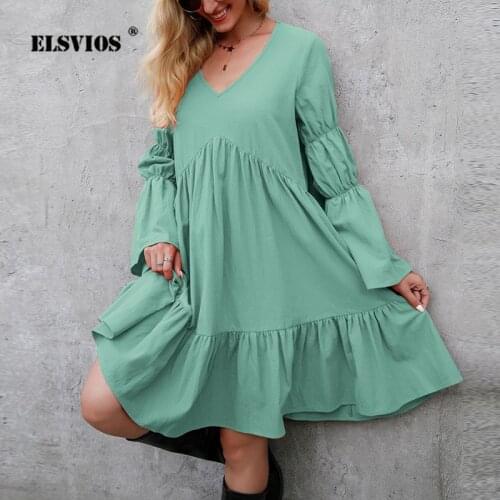 New Autumn Summer Casual Loose A-line Dress Women V-neck Long Sleeve Ruffle Dress Fashion Elegant Solid Female Short Dresses 3XL