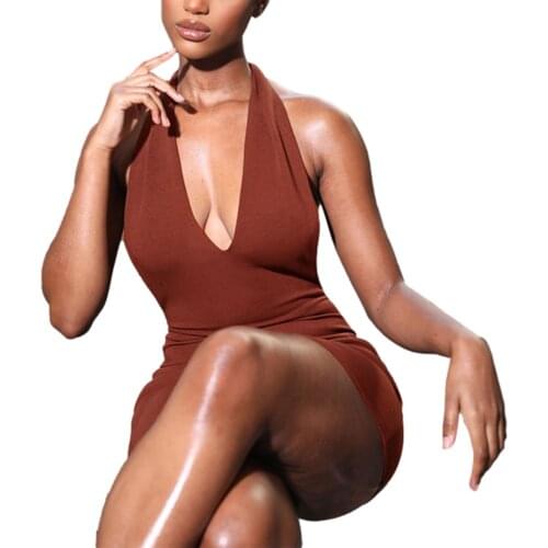Women’s Sexy Halter Bandage Skinny Dress Fashion Solid Color V-neck Backless Short Dress