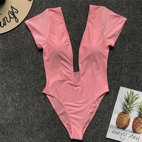 Women Swimming one piece sportwear bodysuit Hot summer Sexy solid Push up Padded Deep V swimsuits Beach Wear 2019 monokini femme