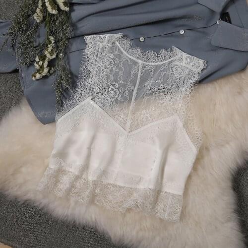 19mm satin lace decorate V-neck backless sexy lady silk camisole short female summer high-waist navel black white vest top