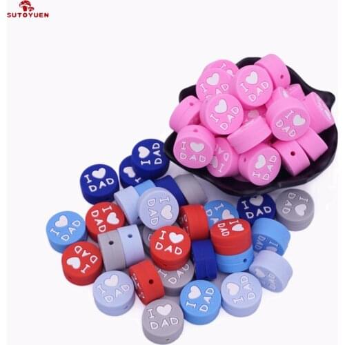 5pc I love DAD Silicone Beads Teething Loose Beads Flat Round Shaped Chew Bead for DIY Pacifier Necklace Charm Baby Teether 20mm