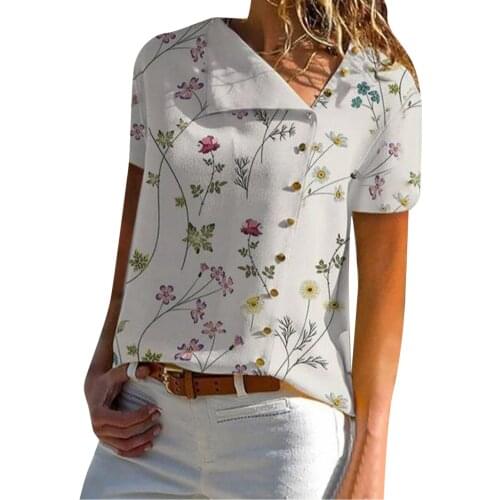 63# Elegant Shirt T-shirt Womens Printed Short Sleeve V-neck Turn-down Collar Button Shirt Office Ladies Bottom Blouse Tee Top