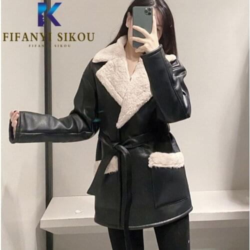 Black PU Leather Jacket Women Winter Thick Warm Lambswool Jackets Coat Pocket Lapel Fashion Loose Faux Leather Jacket Female