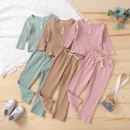 FOCUSNORM 1-6Y Autumn Casual Kids Girls Clothes Sets 2pcs Solid Knitting Long Sleeve Pullover Tops Pants Homewear