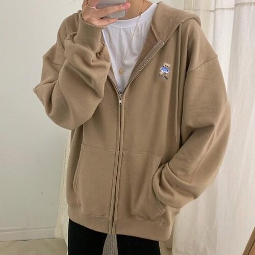 Little Bear Printing Hoodies 2021 Pocket Long Sleeve Solid Loose Cotton Cardigan Hooded Sweatshirts Casual Zipper Sweatshirts