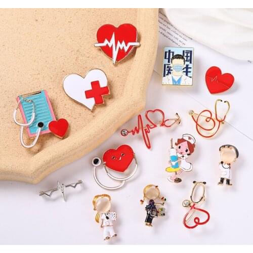Creative Fun Medical Equipment Enamel Brooch Red Heart Stethoscope ECG Boy Girl Doctor Alloy Pins Punk Jewelry Gift For Friends