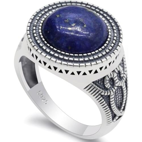 Lapis Lazuli Stone Ring for Men 925 Sterling Silver Lovely Owl Pattern Dark Round Blue Natural Gem Turkish Handmade Jewelry Gift