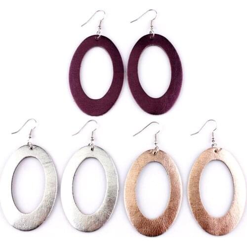 Fashion Women Cut Out Oval Leather Border Dangle Drop Earrings for Women Gold Champagne Leather Oval Dangle Drop Earrings