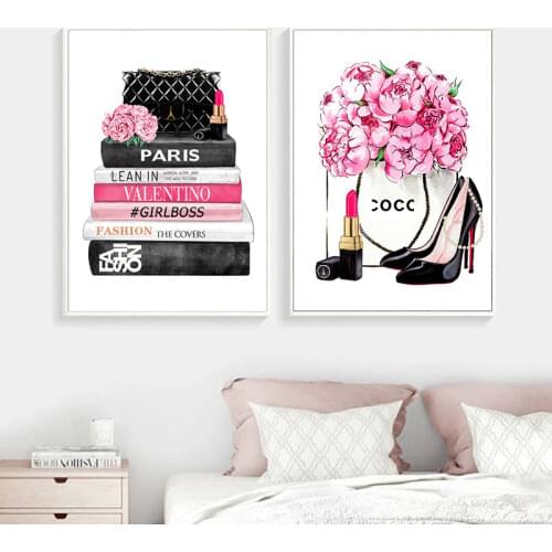 Fashion Magazine Wall Art Prints High Heels and Lipstick Vogue Picture Poster Pink Flowers Canvas Painting Girls Room Home Decor