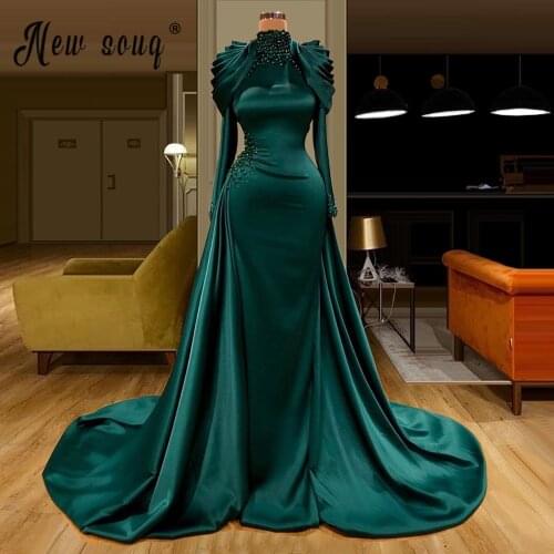 Muslim Taffeta with Beading Evening Dress Long Sleeve Pearls Formal Gown With Detachable Train Robe Soiree vestido de festa