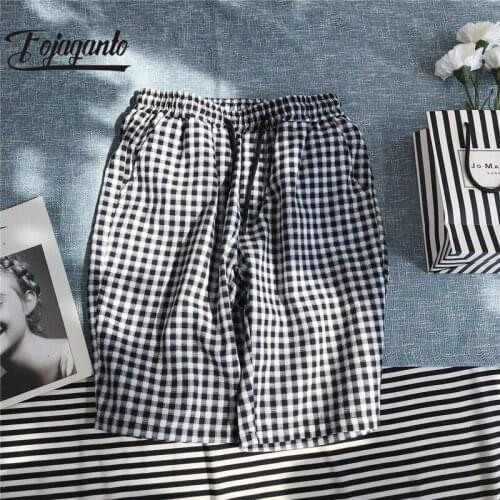 FOJAGANTO 2021 Summer Mens Shorts Brand New Fashion Drawstring Loose Plaid Shorts Men Casual Beach Shorts
