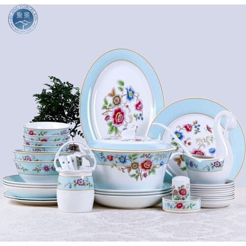 New Chinese Dish Set Roman holiday microwave oven 6-10 people household 58 pieces of creative ceramic tableware as a gift